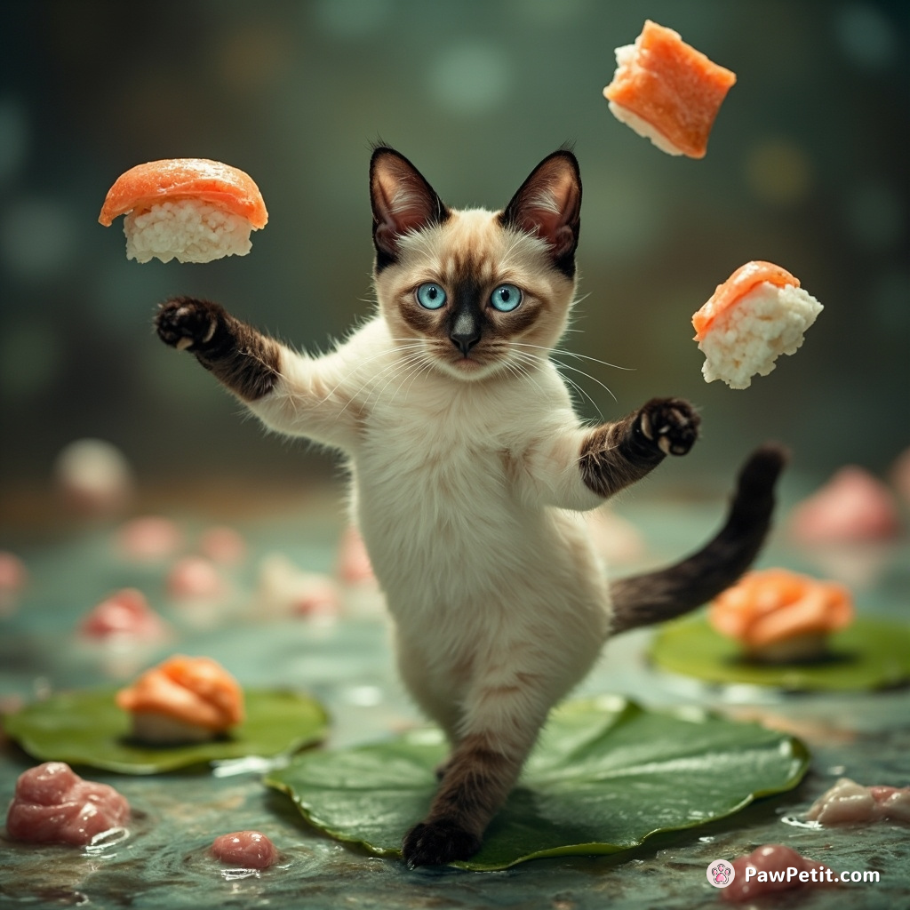 Cat ballet dancer juggling sushi rolls on a floating lily pad in a cosmic pond filled with liquid candy.