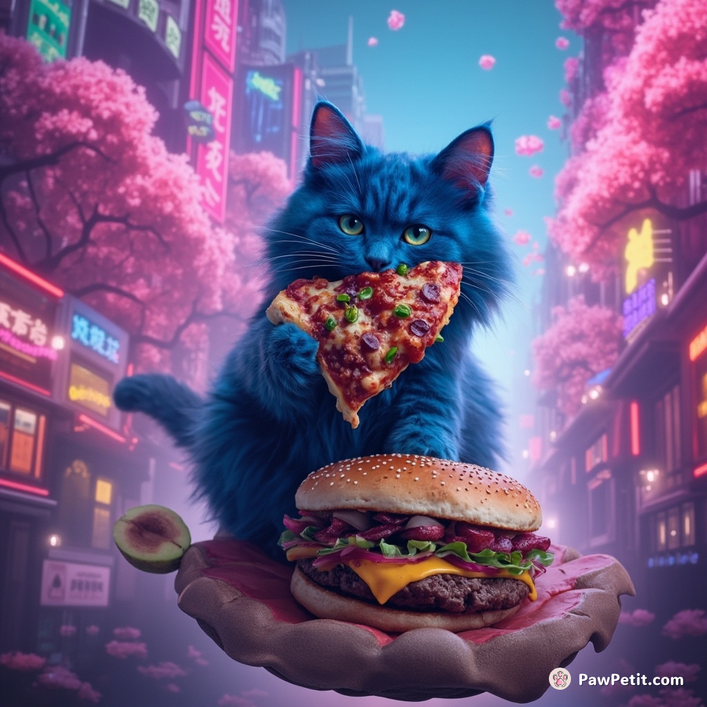 A royal blue cat eating a psychedelic pizza atop a floating hamburger in an alien city bathed under neon cherry blossom trees.