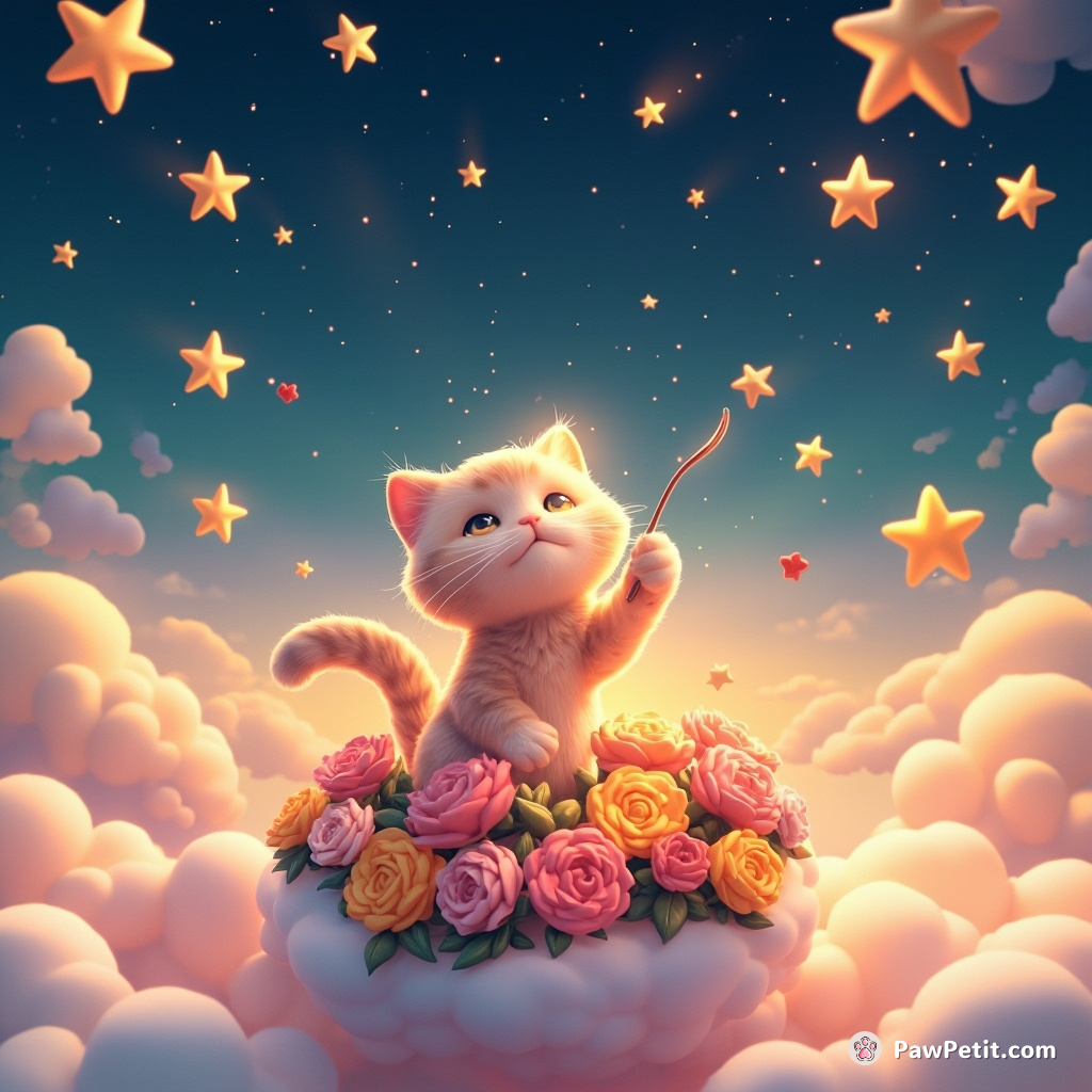 A anthropomorphic cat conducting a choir of singing flowers on a floating cloud island illuminated by oversharing stars.