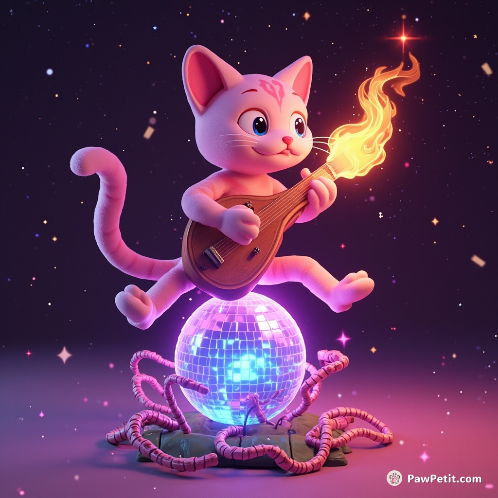 A pink neon three-legged cat playing a flaming harp while balancing on a levitating crystal disco ball wrapped in pixelated vines, under a shower of stardust.