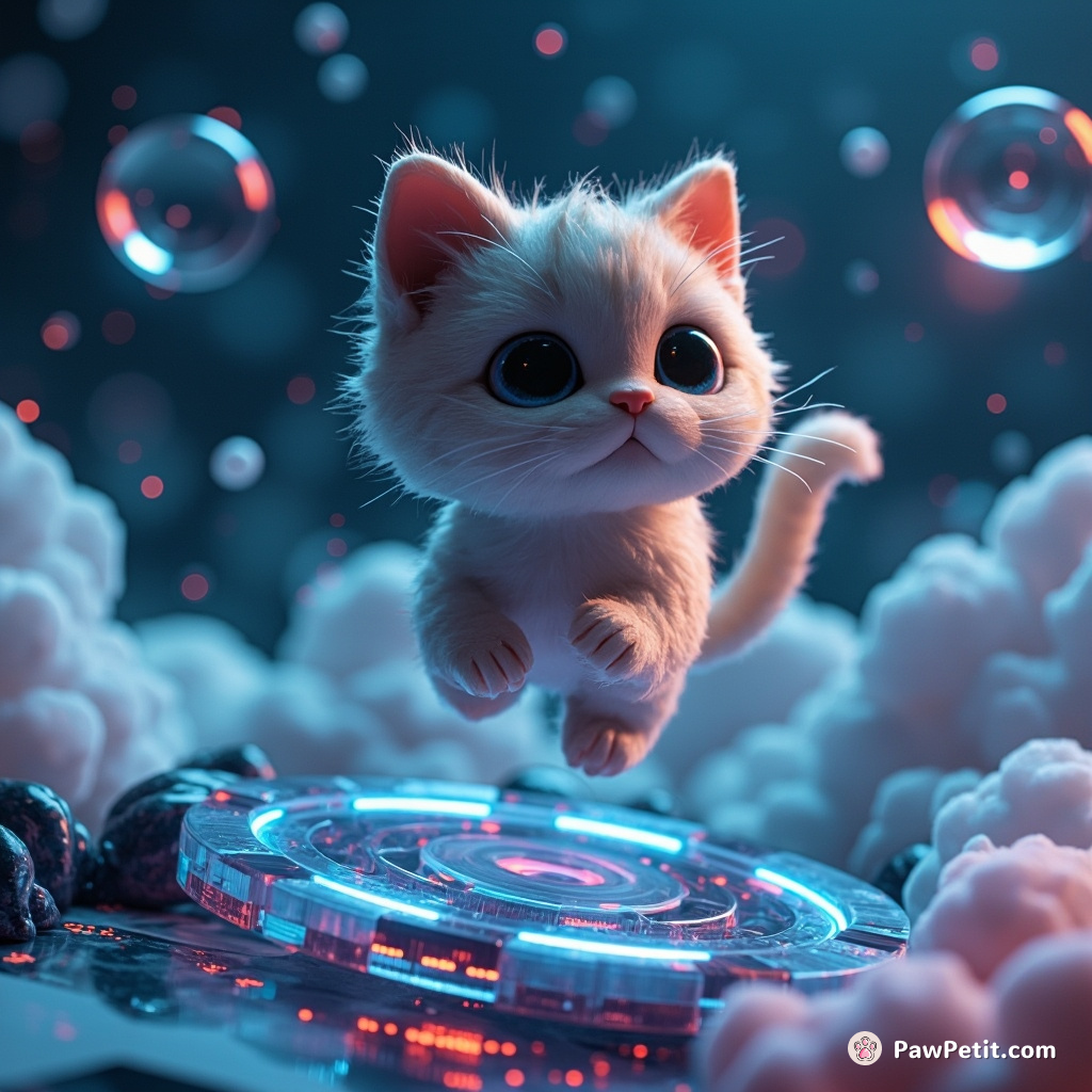 In a digital wonderland, the pixel-faced feline nimbly leaps across floating data platforms, transcending standard reality's restrictions.