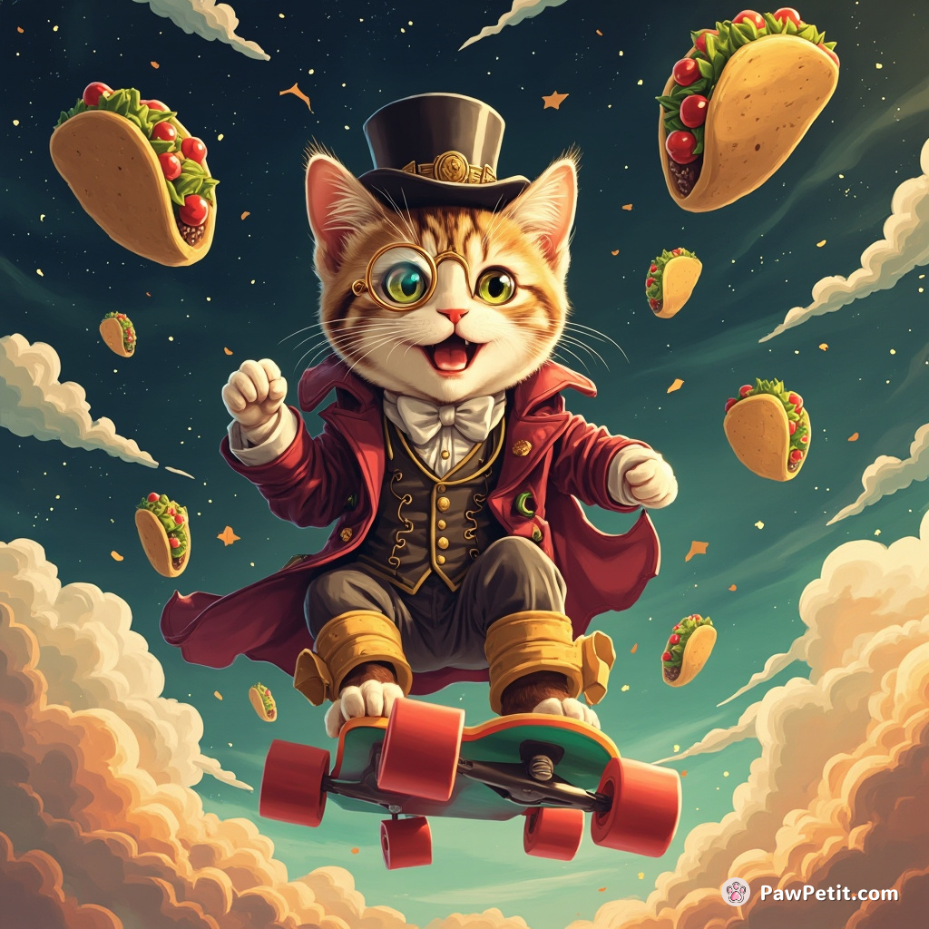 Cat riding a rainbow-colored longboard, dodging floating tacos in space, wearing a monocle and Victorian-era outfit.