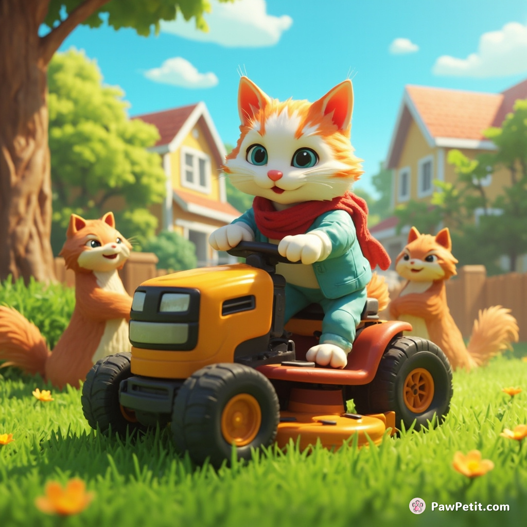 Cat commandeers riding lawnmower, causes grassy havoc and irritation among sunbathing squirrels during her backyard recreational drive.