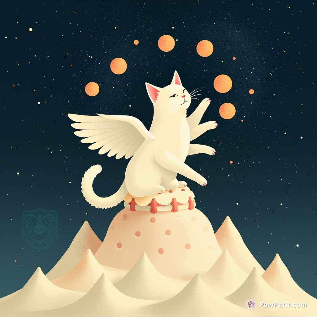 A cat transforming into a mythical griffin while juggling glowing galaxies on top of an ice cream sundae mountain.