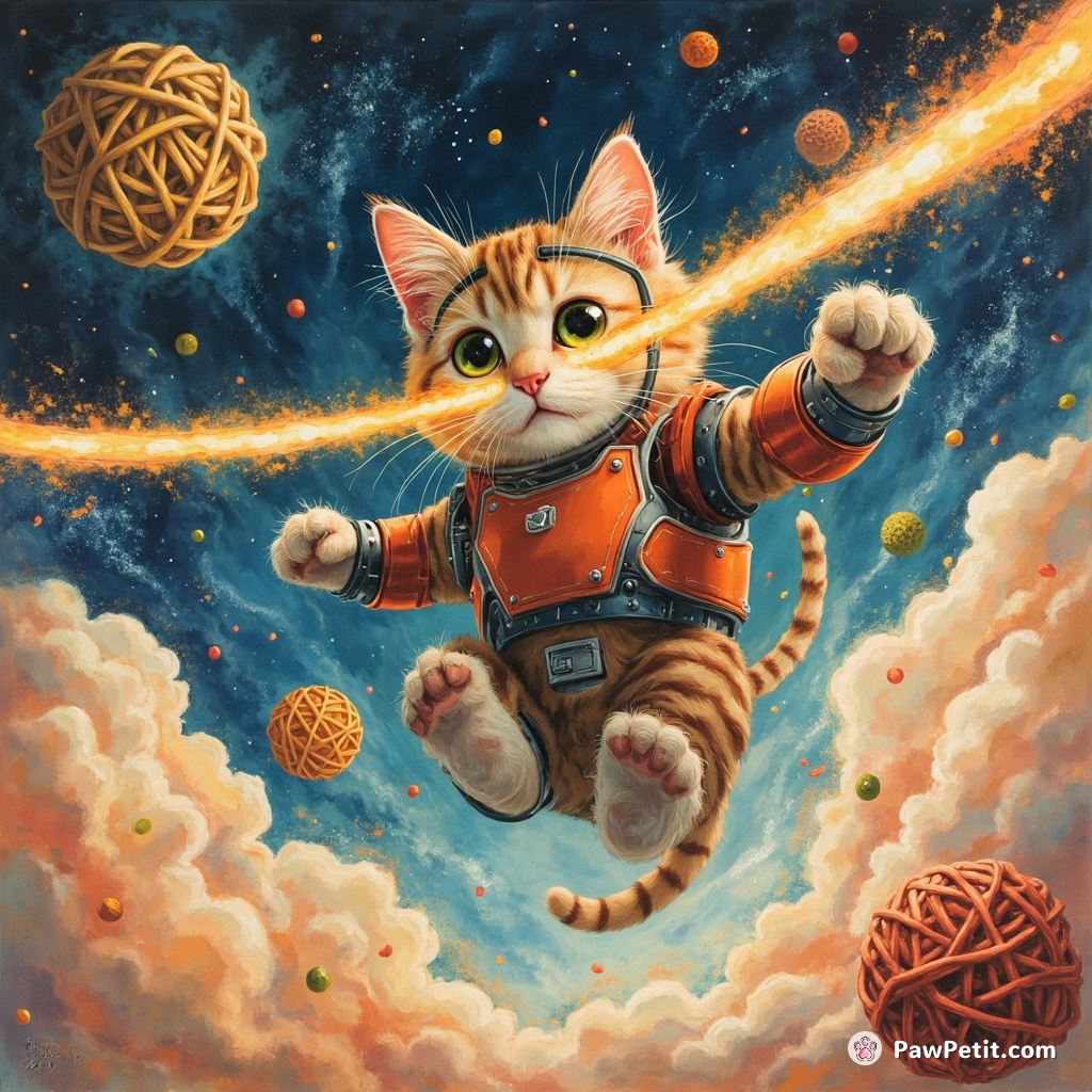Cyborg cat launching laser yarn balls from its eyes in a zero-gravity, taco-filled cosmos.