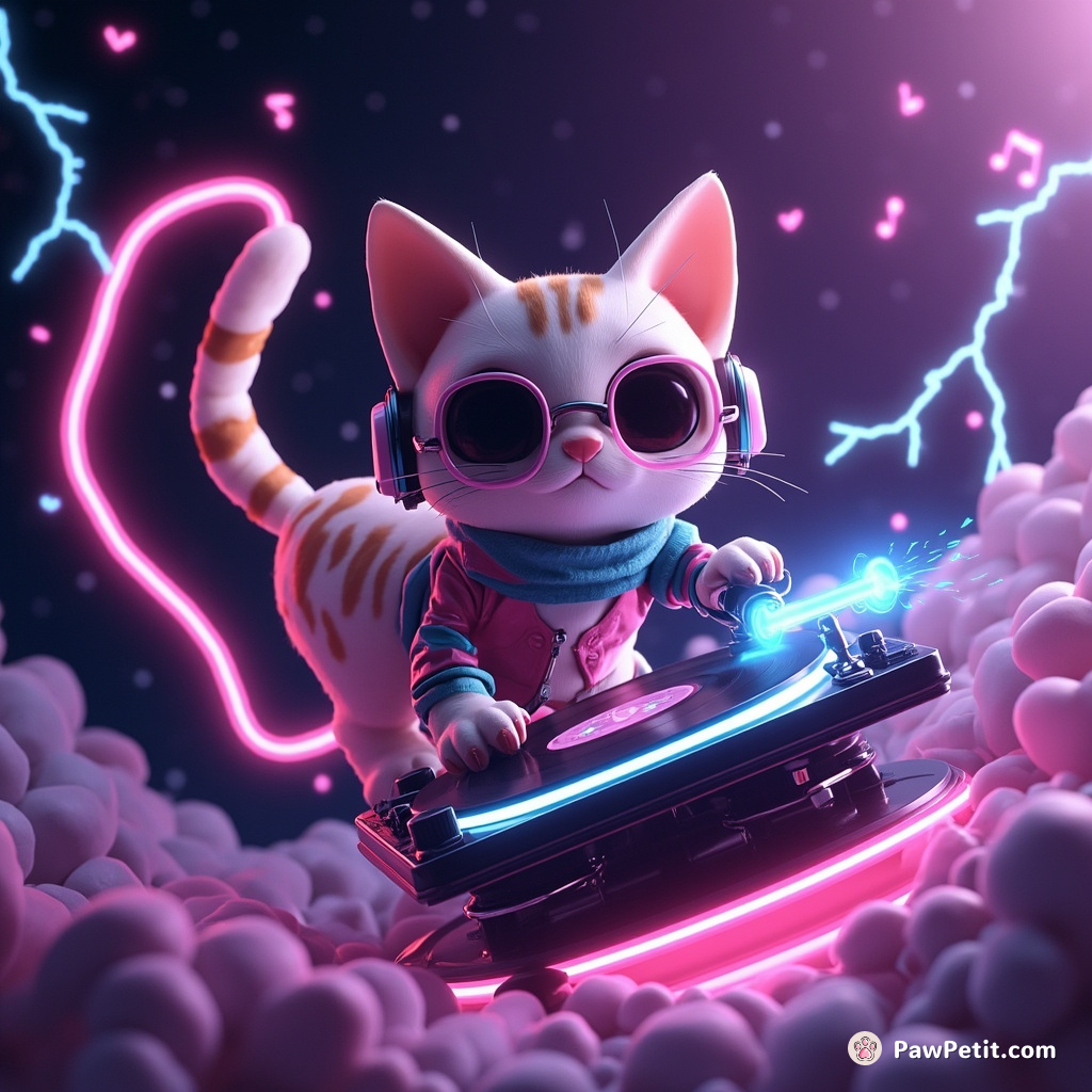 Neon cyberpunk cat DJ spinning vinyl records on a levitating turntable in mid-space, with musical notes and lightning bolts streaming around.