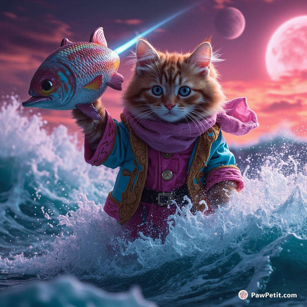 A ginger cat magician levitating a fish-shaped spaceships over its head while riding the waves on Taco Island.