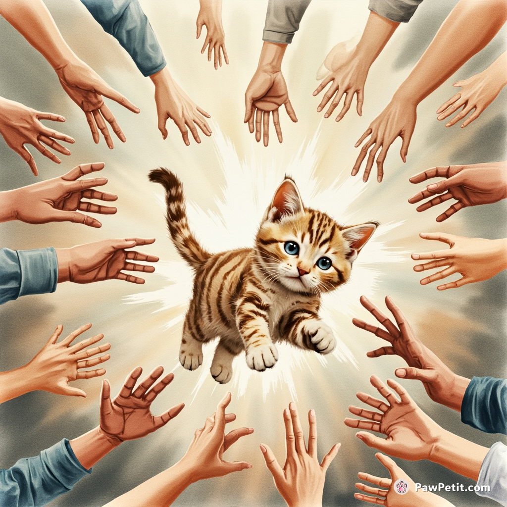 The cat, in panic, darts quickly through the chaos, evasively zigzagging between the frantic human limbs.