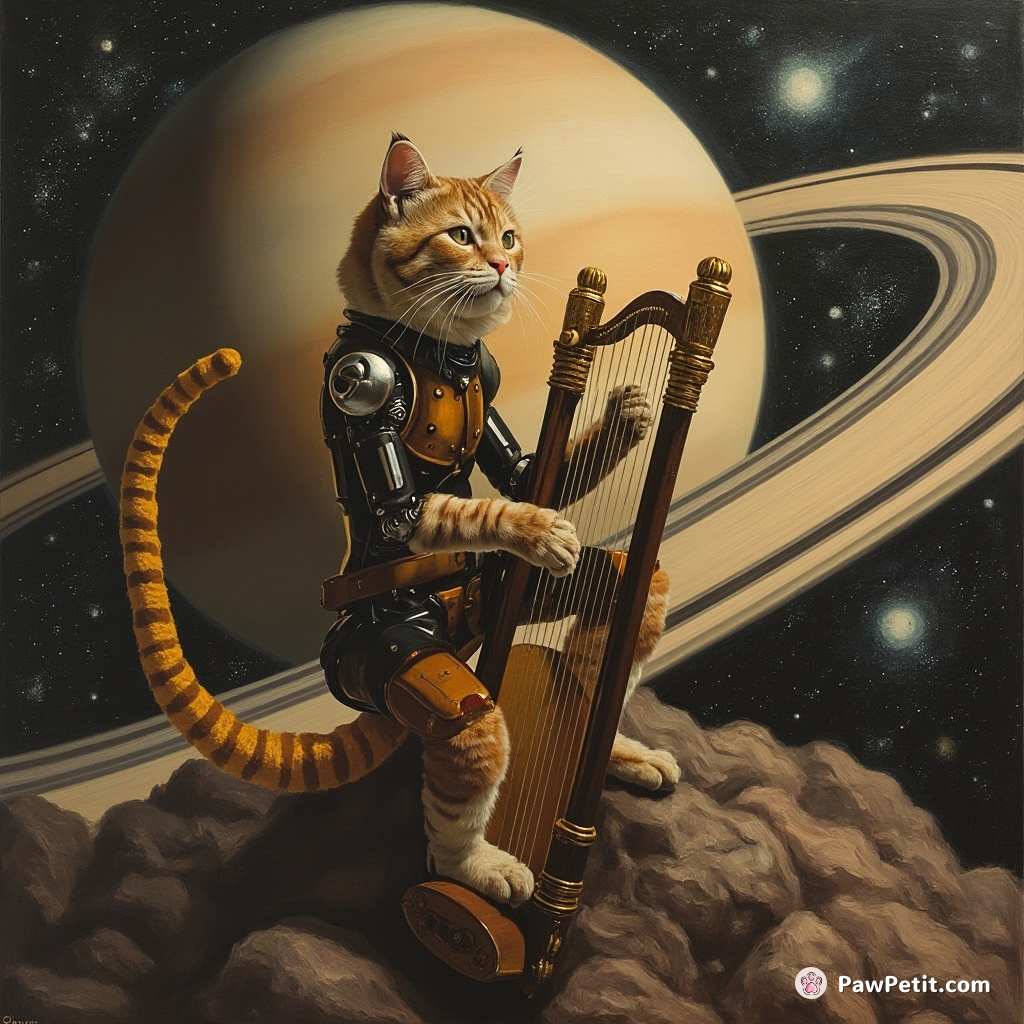 A futuristic robo-cat playing an oversized cosmic harp while Saturn's rings rotate behind it.