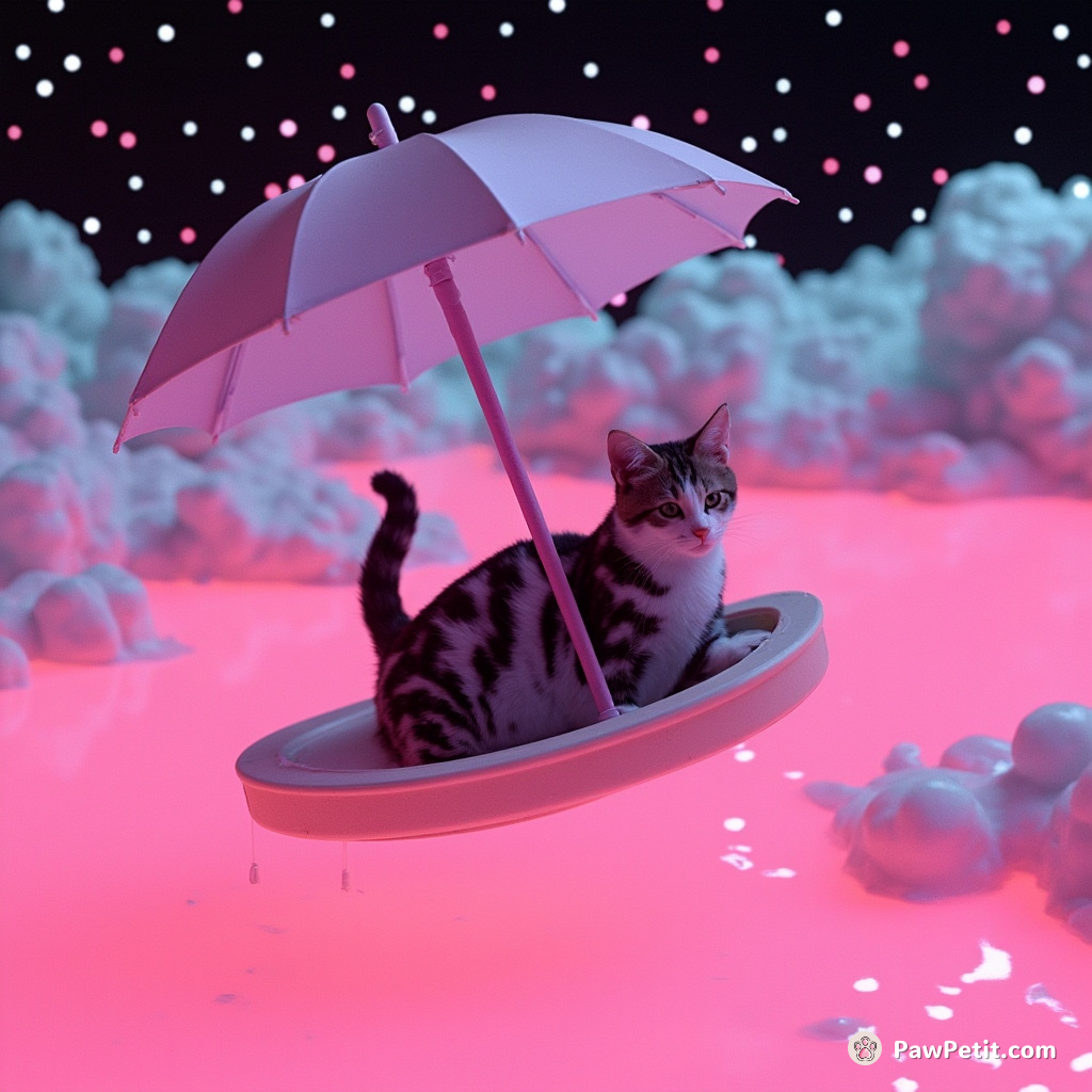 A spotted tabby cat steering a floating umbrella, whisking across an ocean of pink lemonade under a polka-dotted night sky.