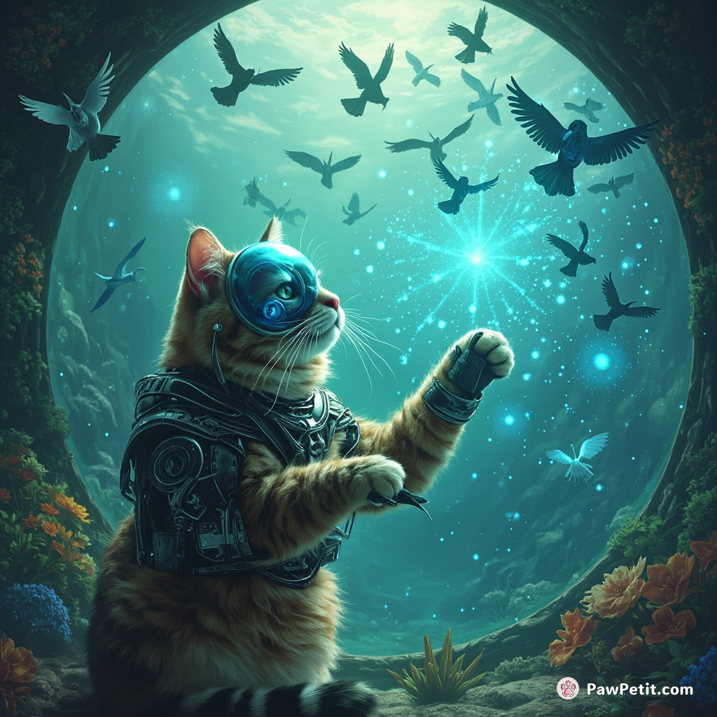 Cyborg cat conducting a symphony of digital birds in an underwater dome.