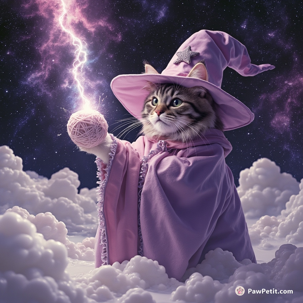 Wizard cat conjuring a ball of yarn meteor shower over an ocean of milk.
