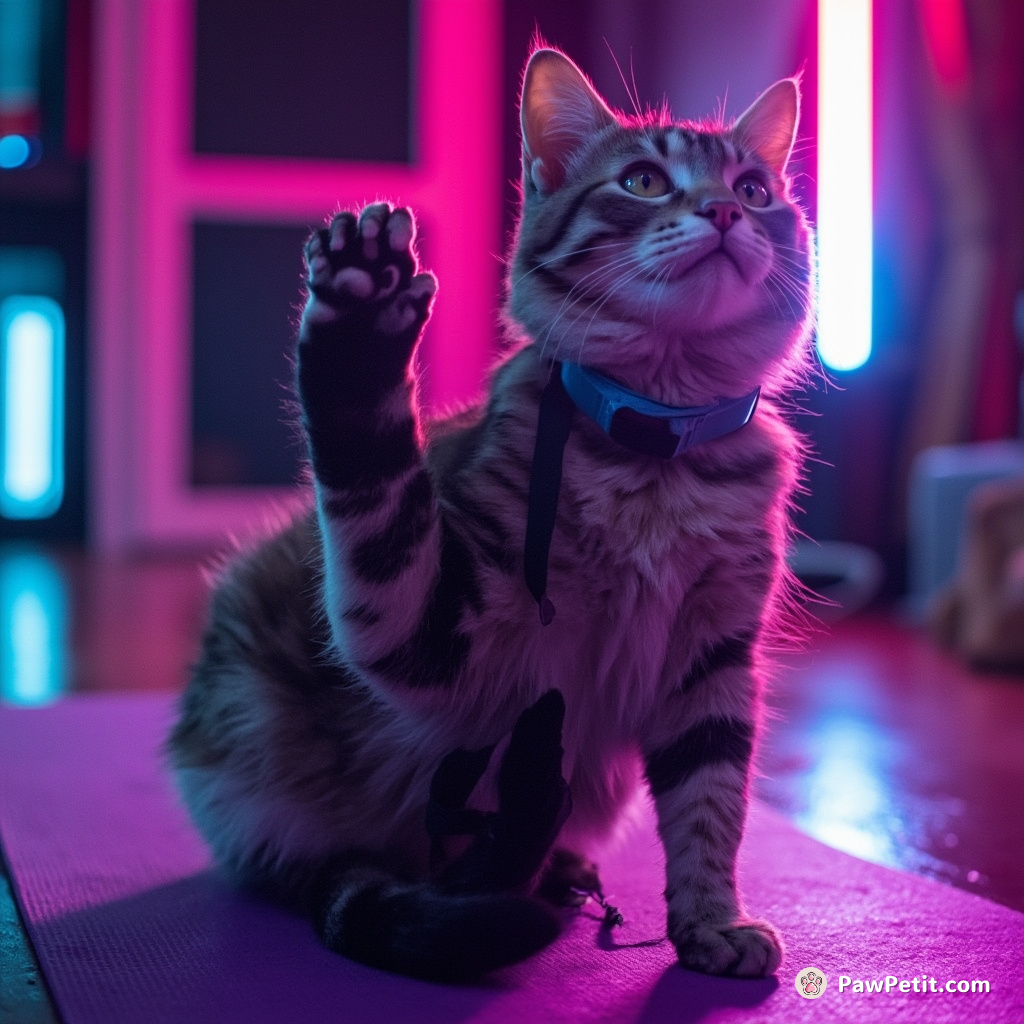 Whiskers the cat practices yoga, but keeps falling over during "downward dog.