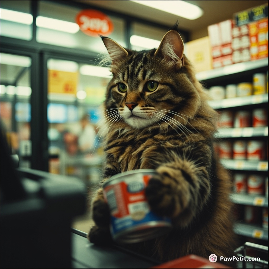 The cat attempted to pay for a can of tuna at the grocery store checkout.