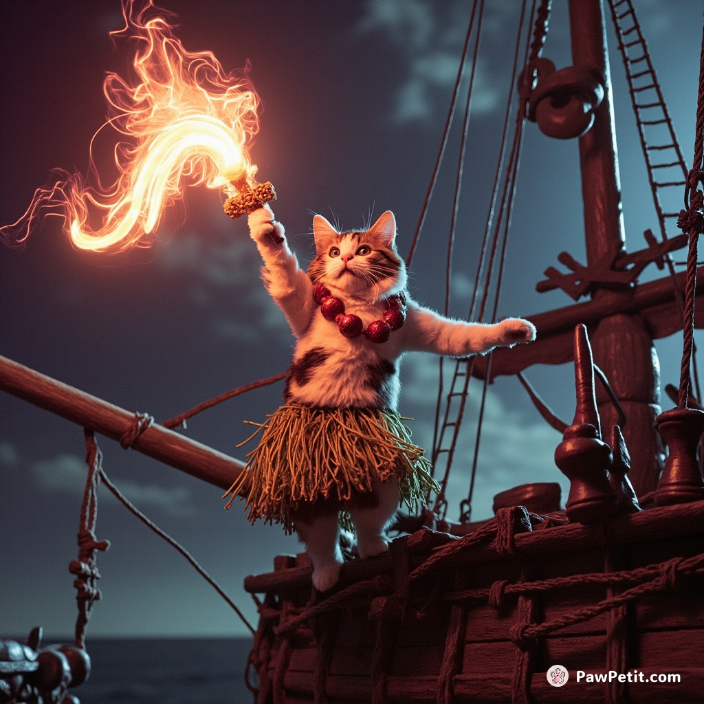 A calico cat performing a hula dance on a creaky pirate ship while battling them with its glowing spaghetti whip.