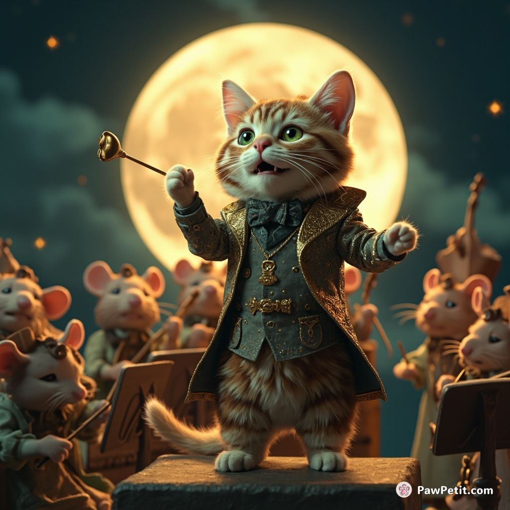 Cat majestically conducting a symphony itself made up of mouse musicians in evening wear on the moon.