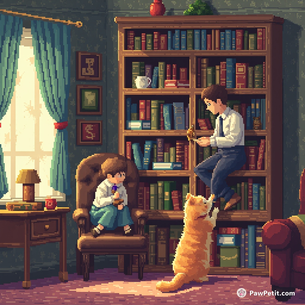 The cat, seeing humans sit on furniture, studiously attempts to perch atop the bookcase daily.