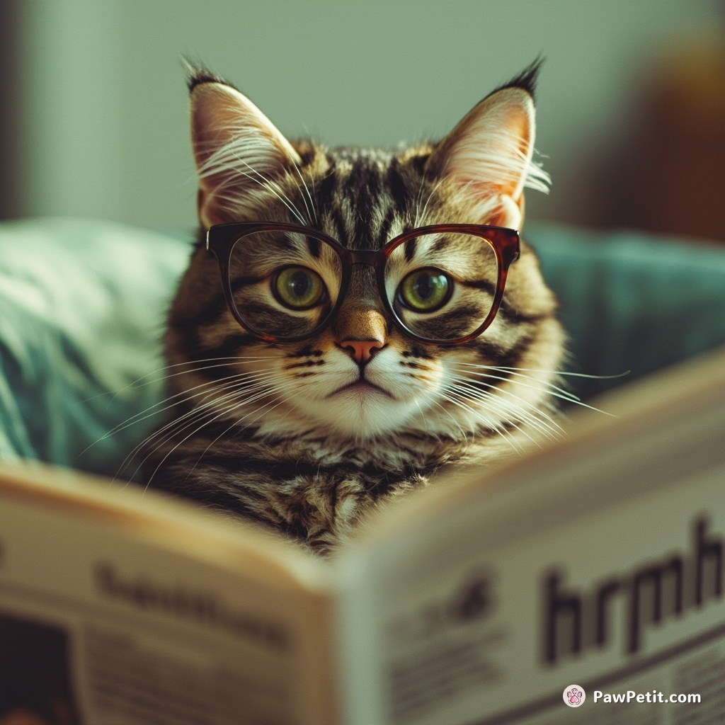 Cat dons glasses, sits upright to scrutinize the morning newspaper making 'hrmph' sounds with an unimpressed ingrained seriousness.