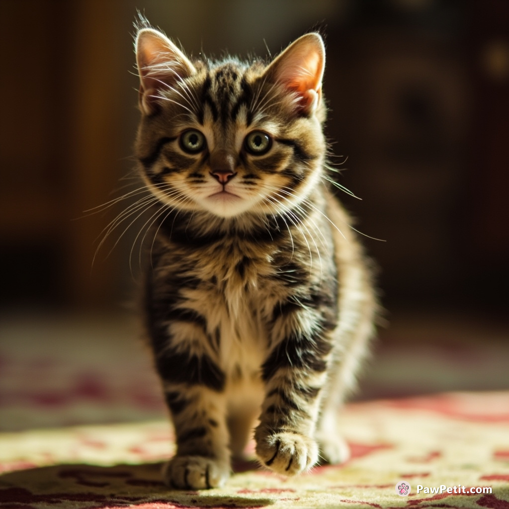 The cat earnestly struggles to stay upright, emphatically mimicking a casual human walk with wobbling back legs.