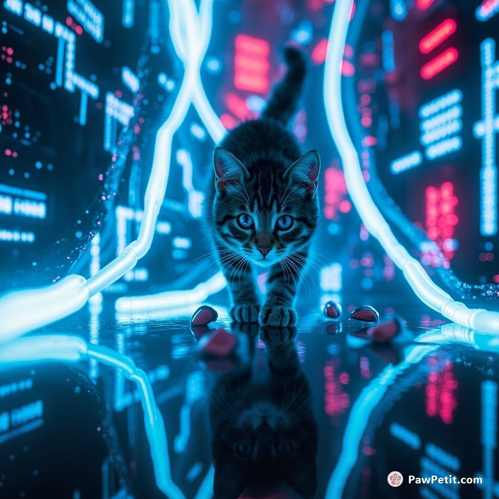 In this mirage of digital universe, the cyber-kitty prowls stealthily through glowing neon data streams, pouncing onto rapidly-vanishing virtual mice.