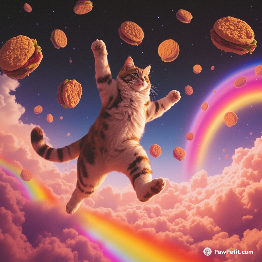 A cat performing a moonwalk on a rainbow in zero gravity amid cascading cheeseburgers.