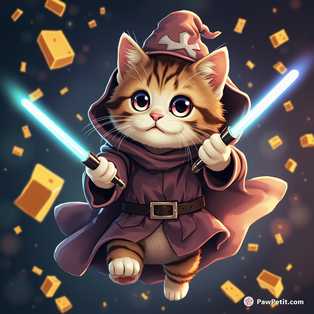 A cat wearing a wizard's robe dual-wielding magic wands to conjure cheeses in zero gravity space.