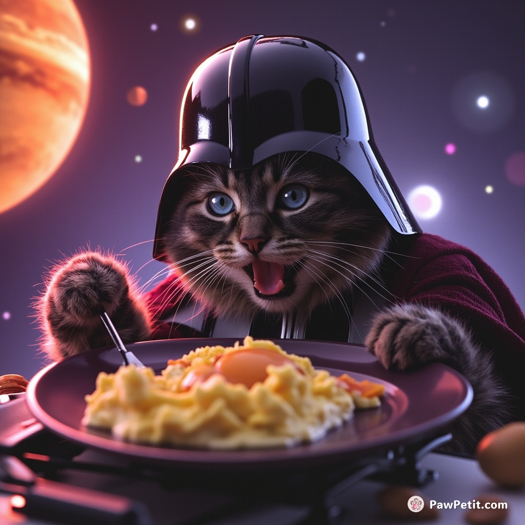 Cat wearing a Darth Vader helmet joyfully making scrambled eggs on Jupiter.