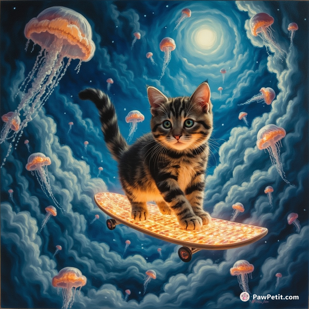 A cat surfing through a surreal sky filled with jellyfish on an illuminated keyboard