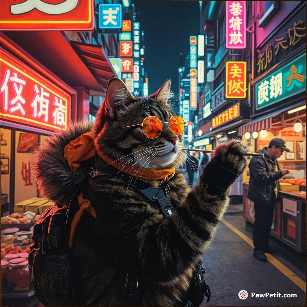 Cyberpunk cat fixing neon sushi signs in a bustling, futuristic Tokyo street-market.