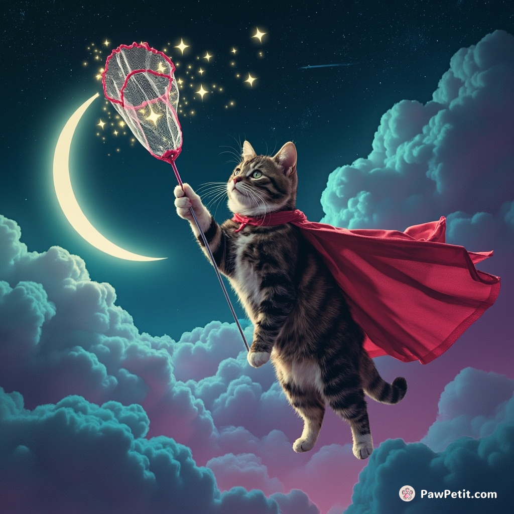 A cat wearing a superhero cape catching stars with a butterfly net on the moon.
