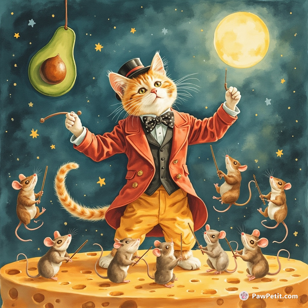 A flamboyantly dressed cat conducting an orchestra of mice with its tail, on a stage made of cheese under a bright avocado moon.