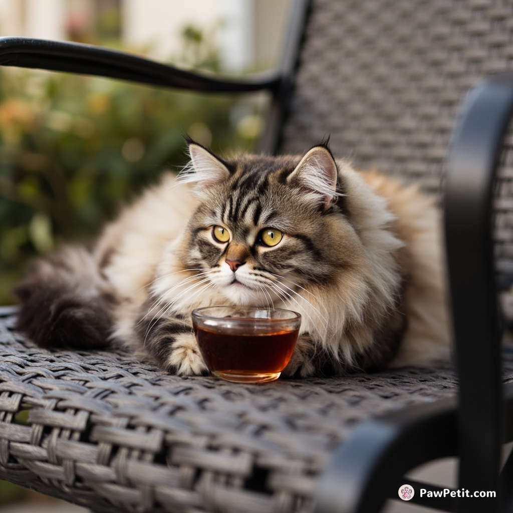 The cat lounges on a patio chair, sipping from a bowl as if it's enjoying a fine wine.