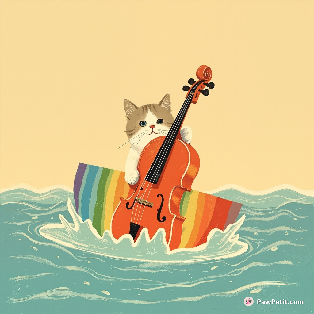 A tiny cat using a cello as a boat, sailing on a sea of melted rainbow ice cream during the tomato storm.