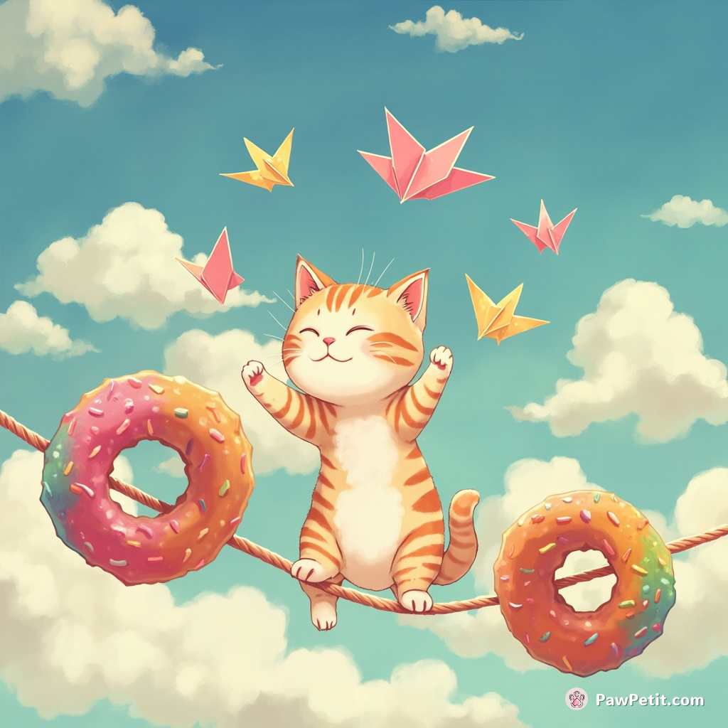 A cat juggling sharp-edged origami stars on a tightrope strung between two rainbow-frosted doughnuts.