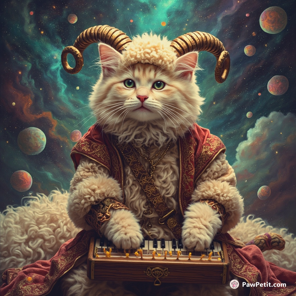 A sheepsherding cat in medieval attire playing a theremin under a psychedelic cosmos.