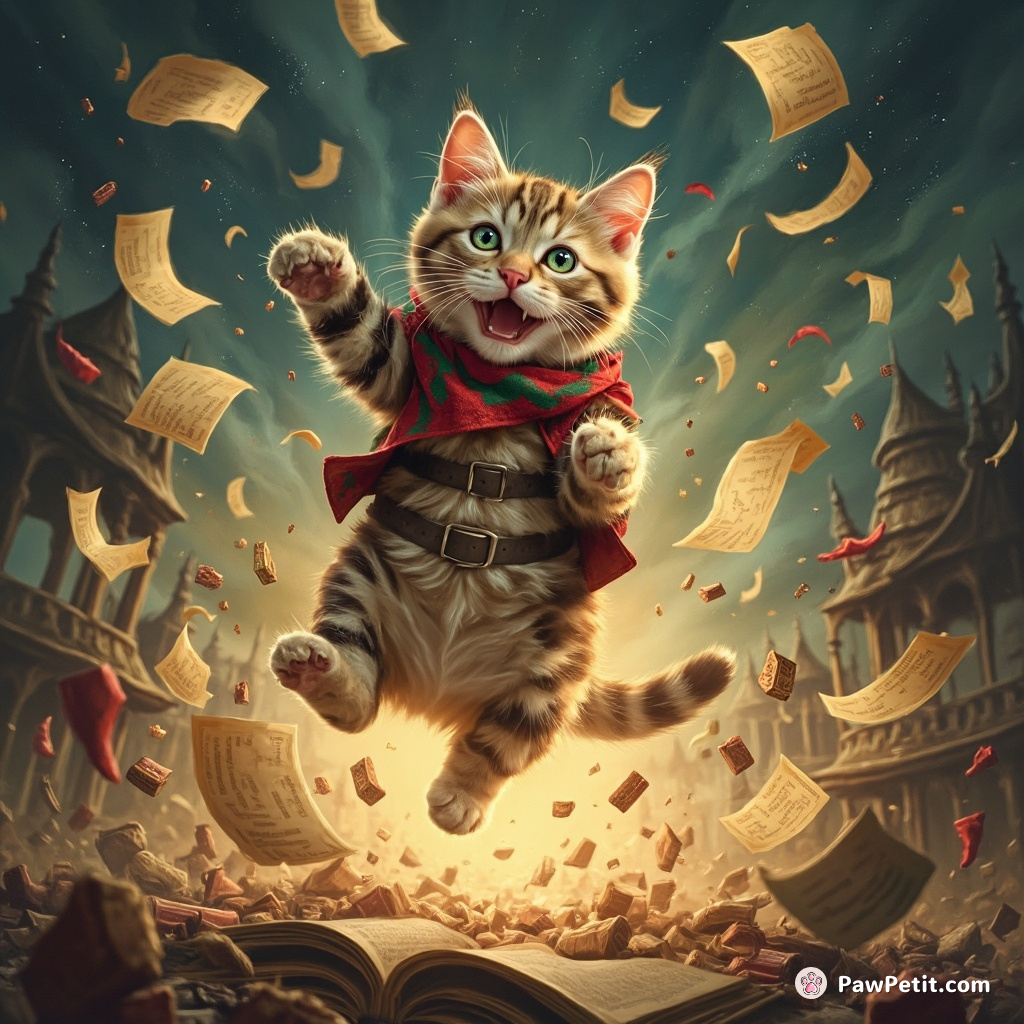 The cat leaps onto the table, sending papers and decorations flying in a whirlwind of fur and surprise.