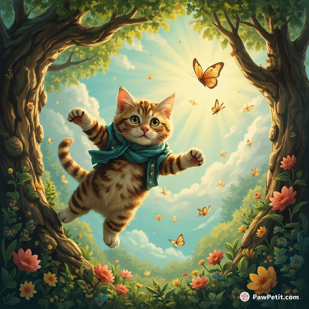 Frantically, the cat clambers up trees, darting and leaps after flitting butterflies, utterly consumed in exhilarating exploratory frenzy.