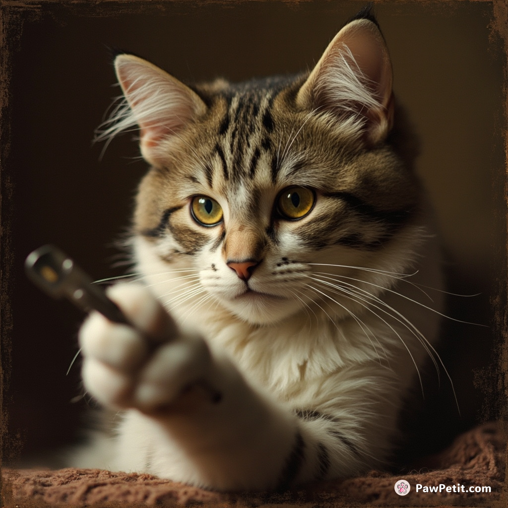 The cat meticulously files its claws, aspiring to mimic human manicure habits with charming precision.