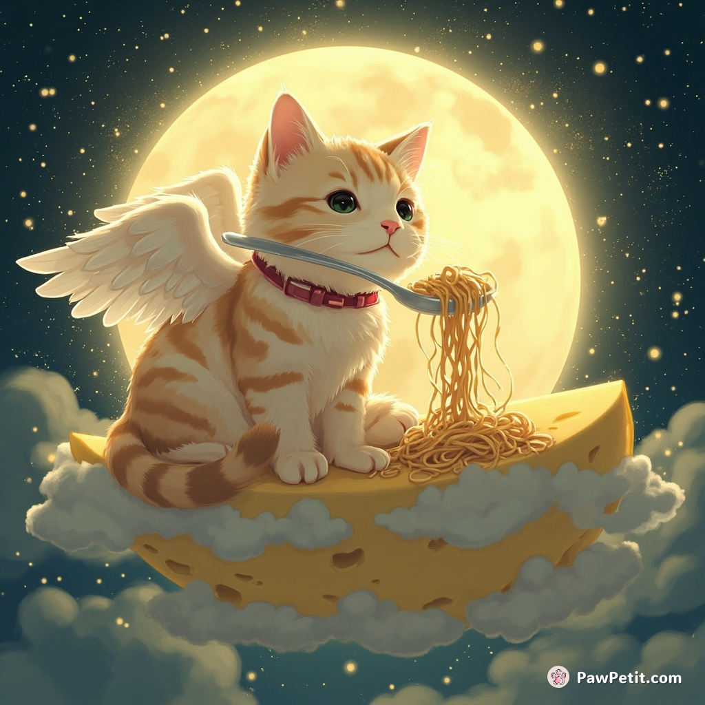 A winged cat perched atop a floating cheese moon, slurping pasta with a spoon made of silken starlight.
