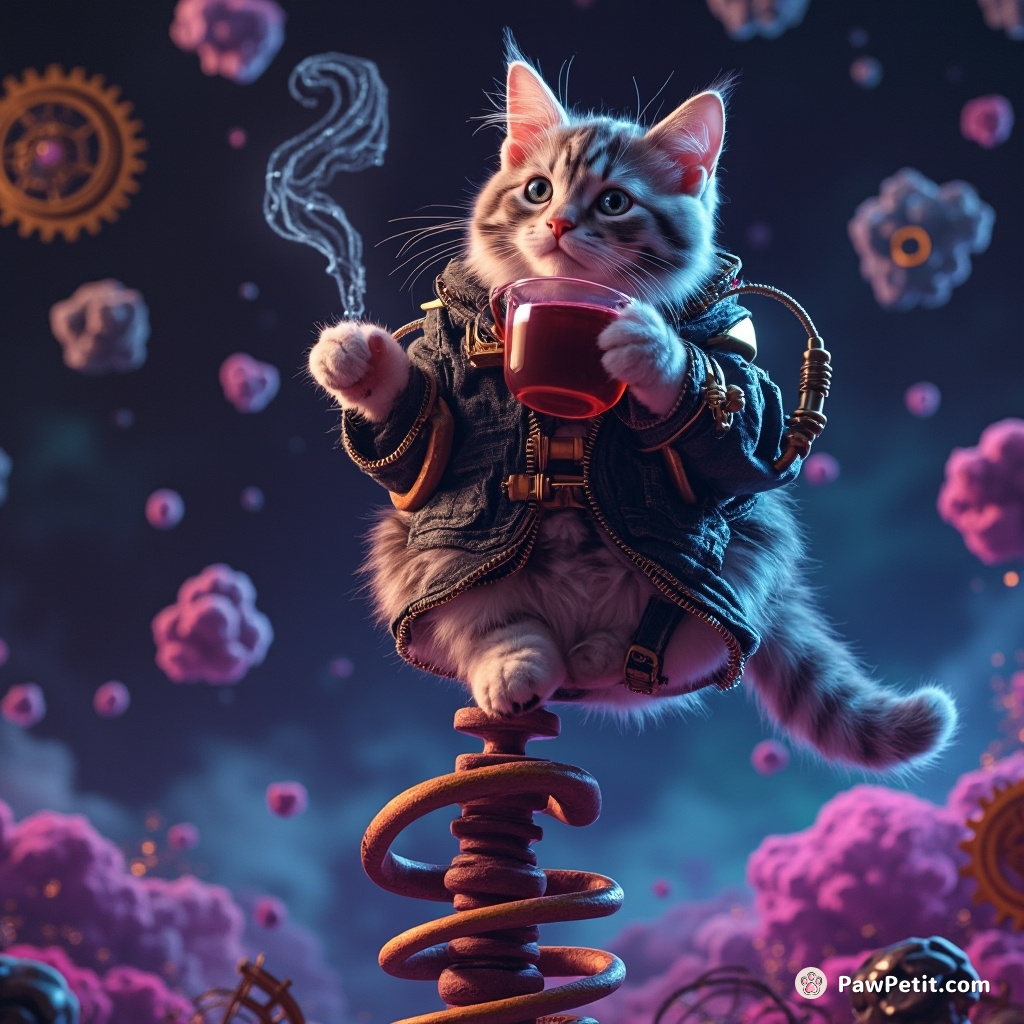 Steampunk cat balancing on a corkscrew while drinking tea amidst floating gears in a cosmic void.
