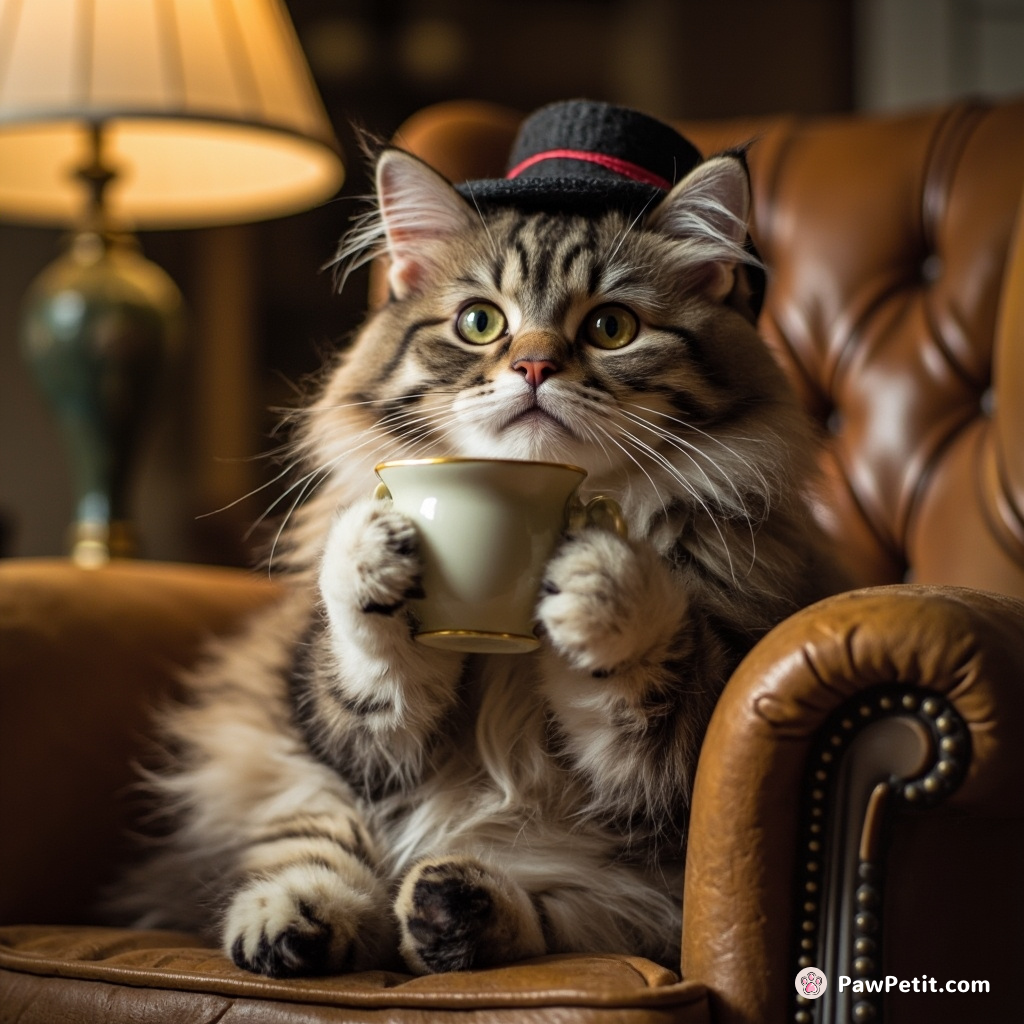 Whiskers dons a tiny hat, sips pretend tea, and dramatically fails to nap in a human chair.