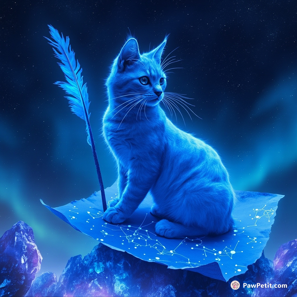 A lapis lazuli cat using a quill to inscribe cosmic constellations on an ethereal parchment, perched atop floating crystals in an aurora-lit sky.