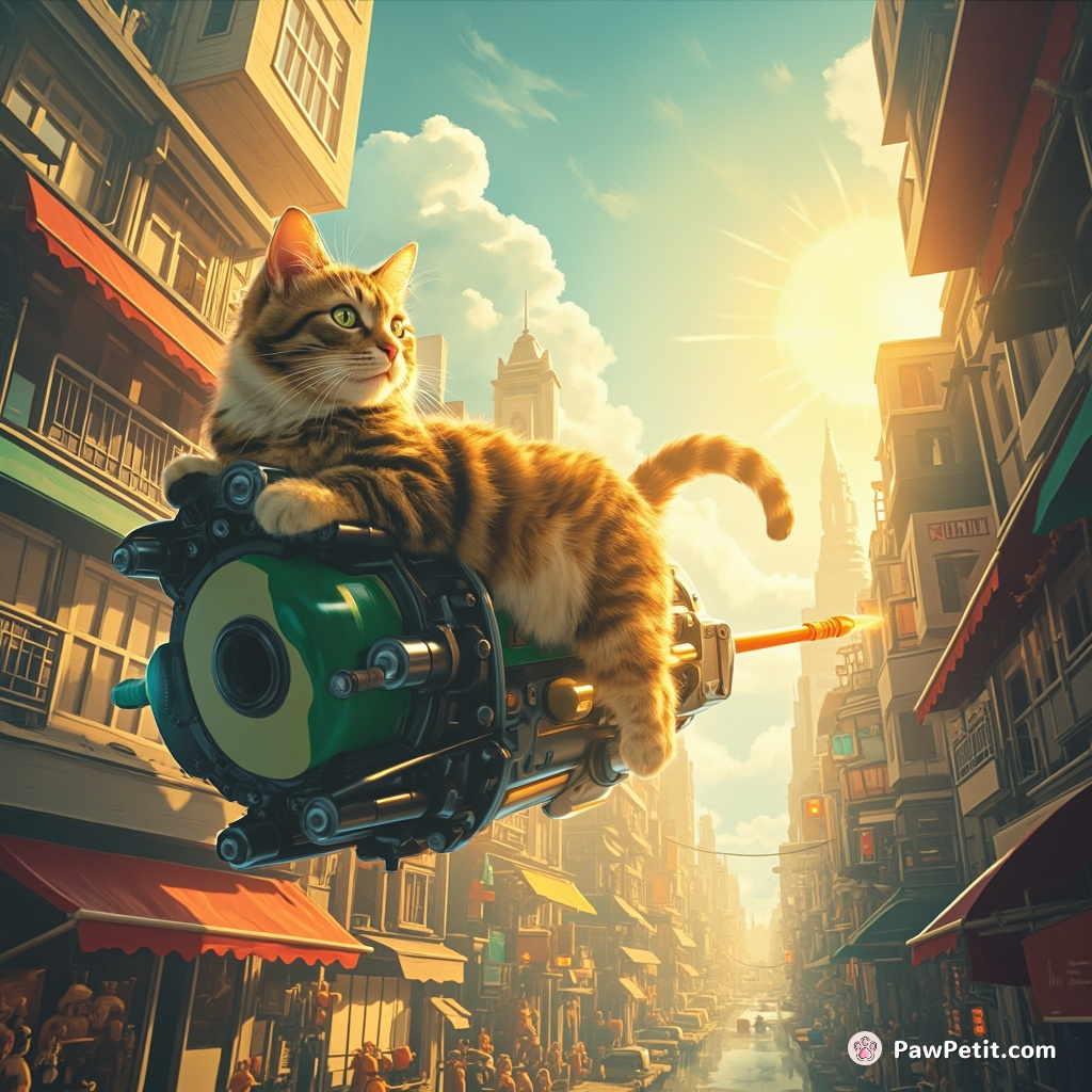Cat utilizes advanced automated hyperloop, tail-operating machine guide, zooming through bustling human metropolis to find ultimate sunbeam spot.