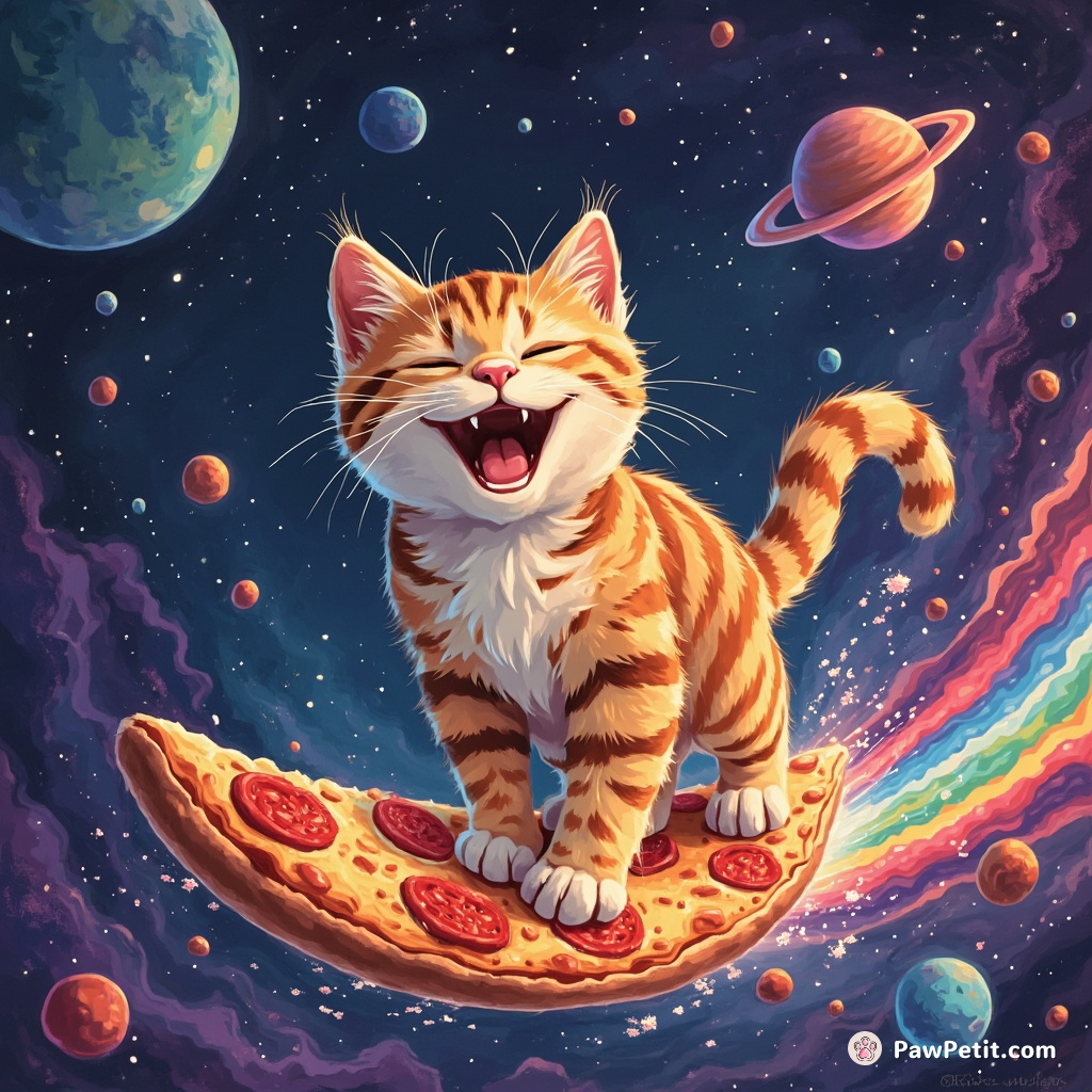 Cat gleefully surfing on a slice of rainbow-colored pizza through the cosmos.