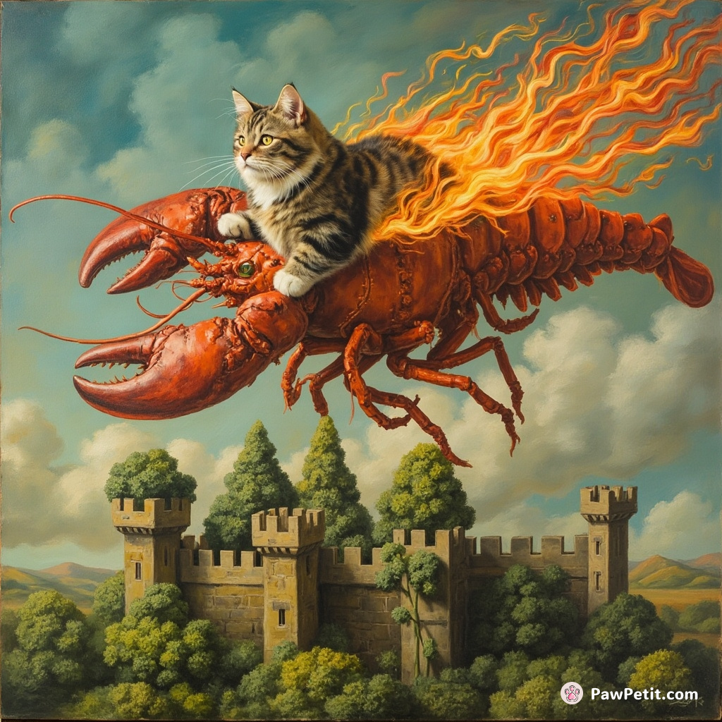 Cat riding a burning, flying lobster over the castle of broccoli.