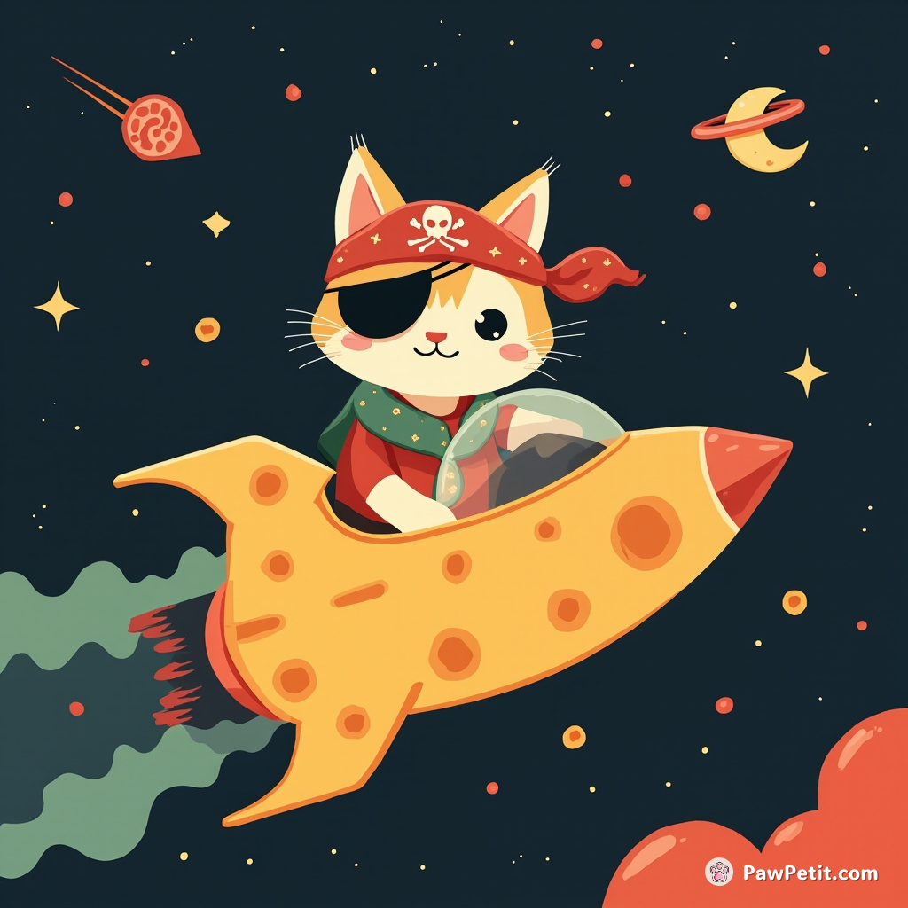 A pirate cat with an eye patch, steering a cheese spaceship through a salami nebula.