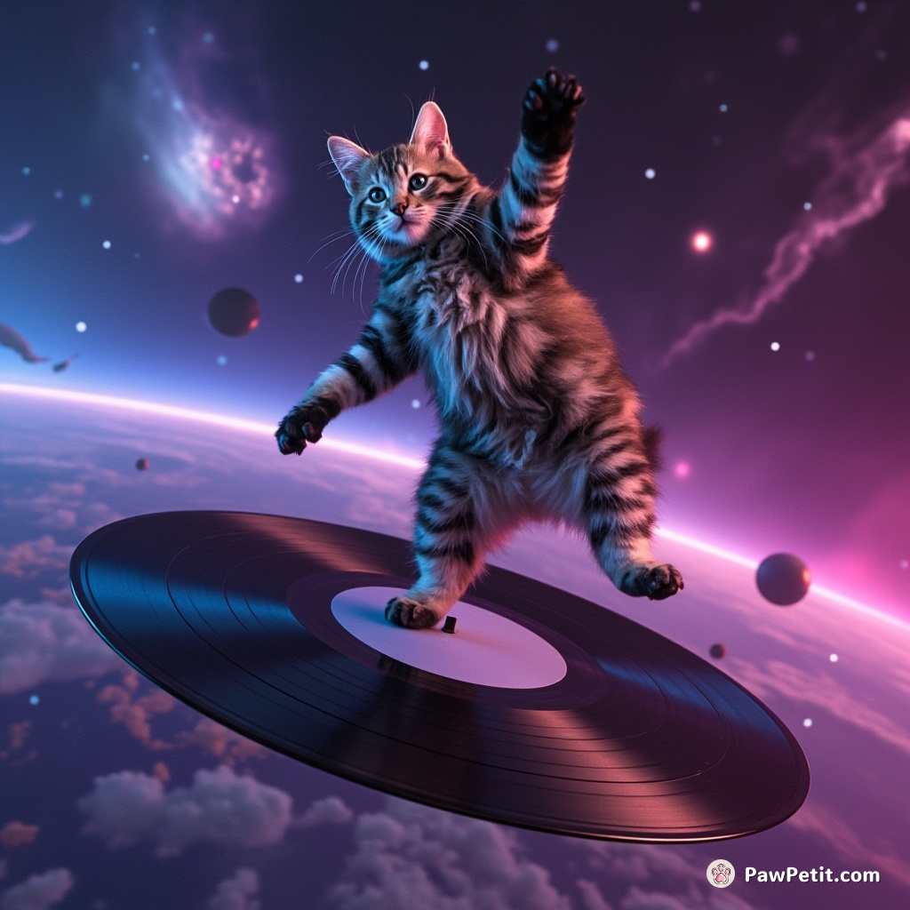 A cat breakdancing on a floating vinyl record in zero gravity space with nebulous galaxies as backdrop.