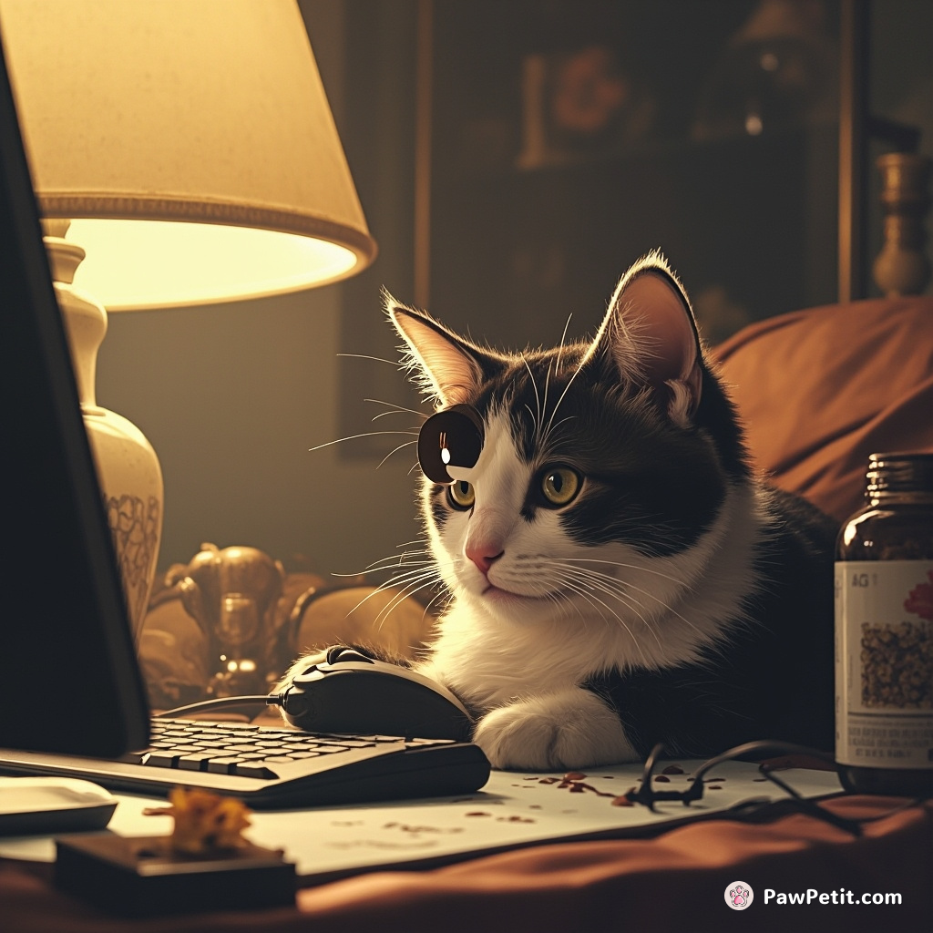 Amid human meetings, a suave feline subtly manipulated a computer mouse to order bulk catnip off the internet.