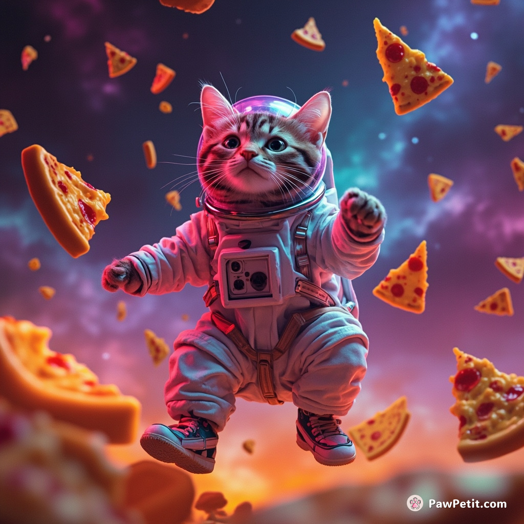 Cat, dressed as an astronaut, floating in zero gravity amongst pizza slices in a luminescent cheese galaxy.