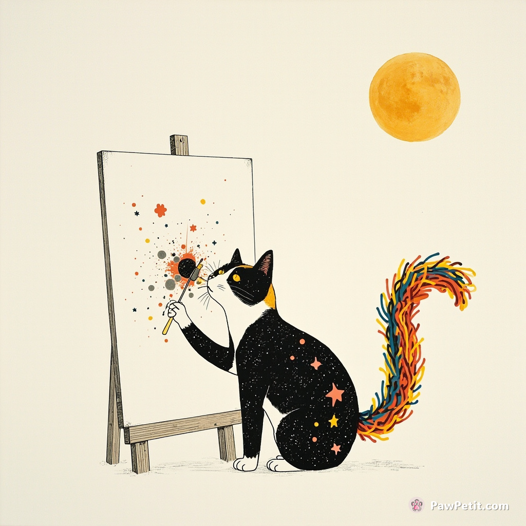 A mischievous cat painting galaxies on a blank canvas with her vibrant, multi-colored tail under the glow of a spaghetti moon.